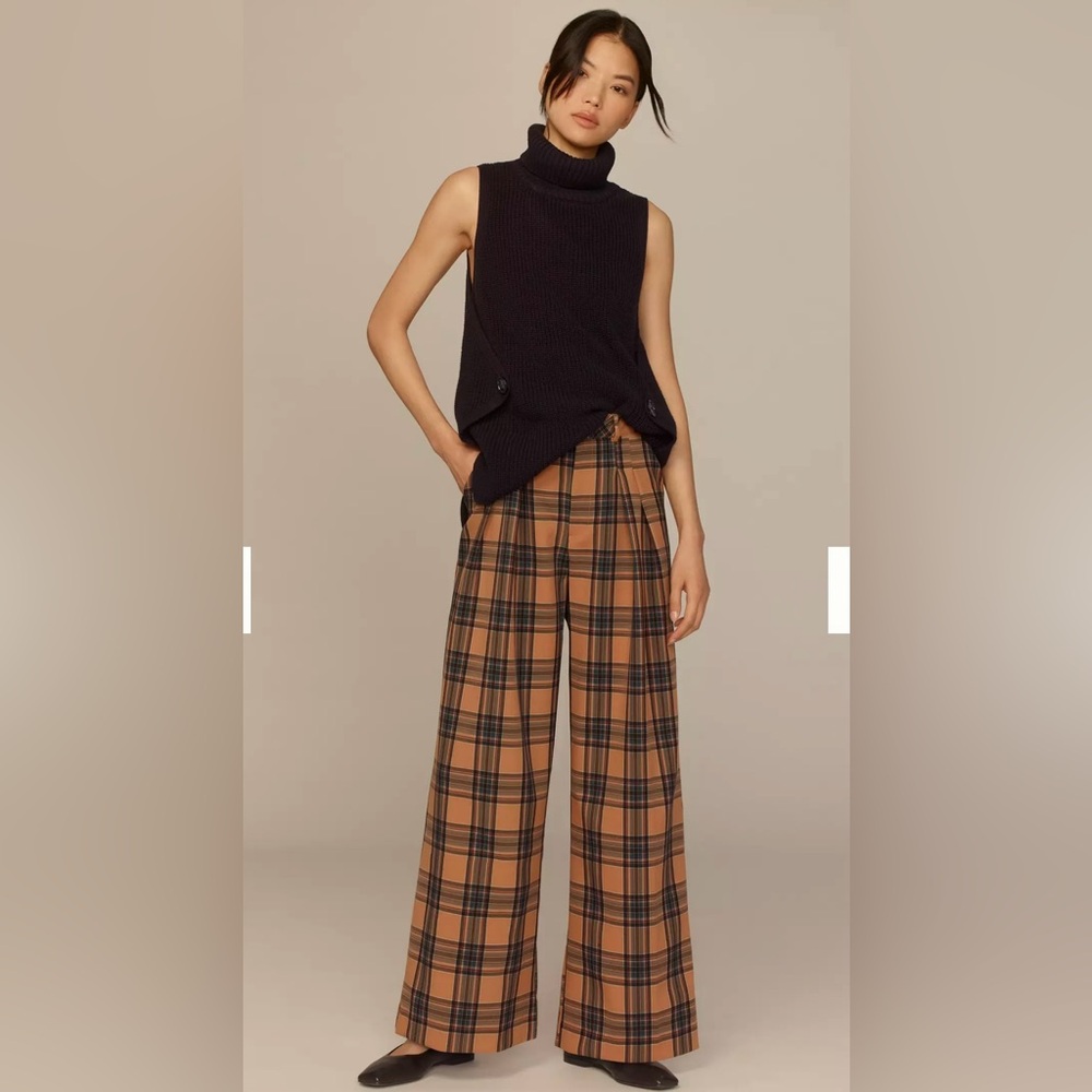 MAEVE ANTHROPOLOGIE The‎ Avery Elastic-Back Trousers  Tan Plaid Size Small NWT